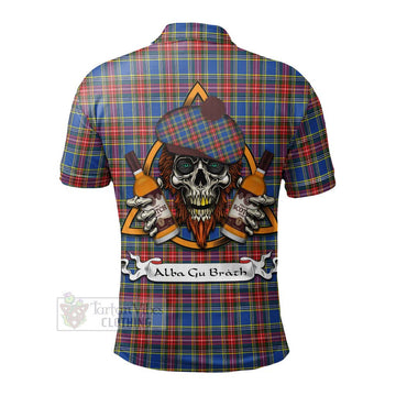 MacBeth (McBeth) Tartan Polo Shirt with Family Crest and Bearded Skull Holding Bottles of Whiskey