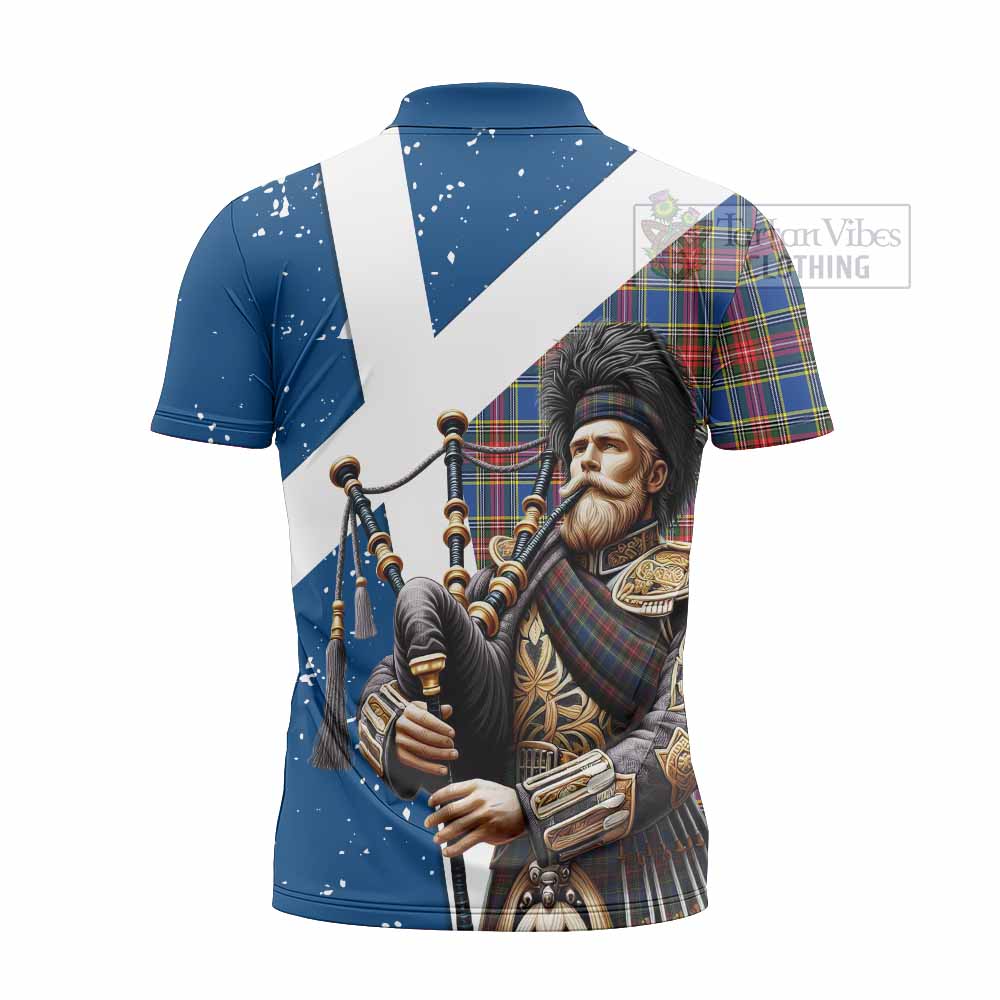 Tartan Vibes Clothing MacBeth (McBeth) Tartan Zipper Polo Shirt with Family Crest Scottish Bagpiper Vibes