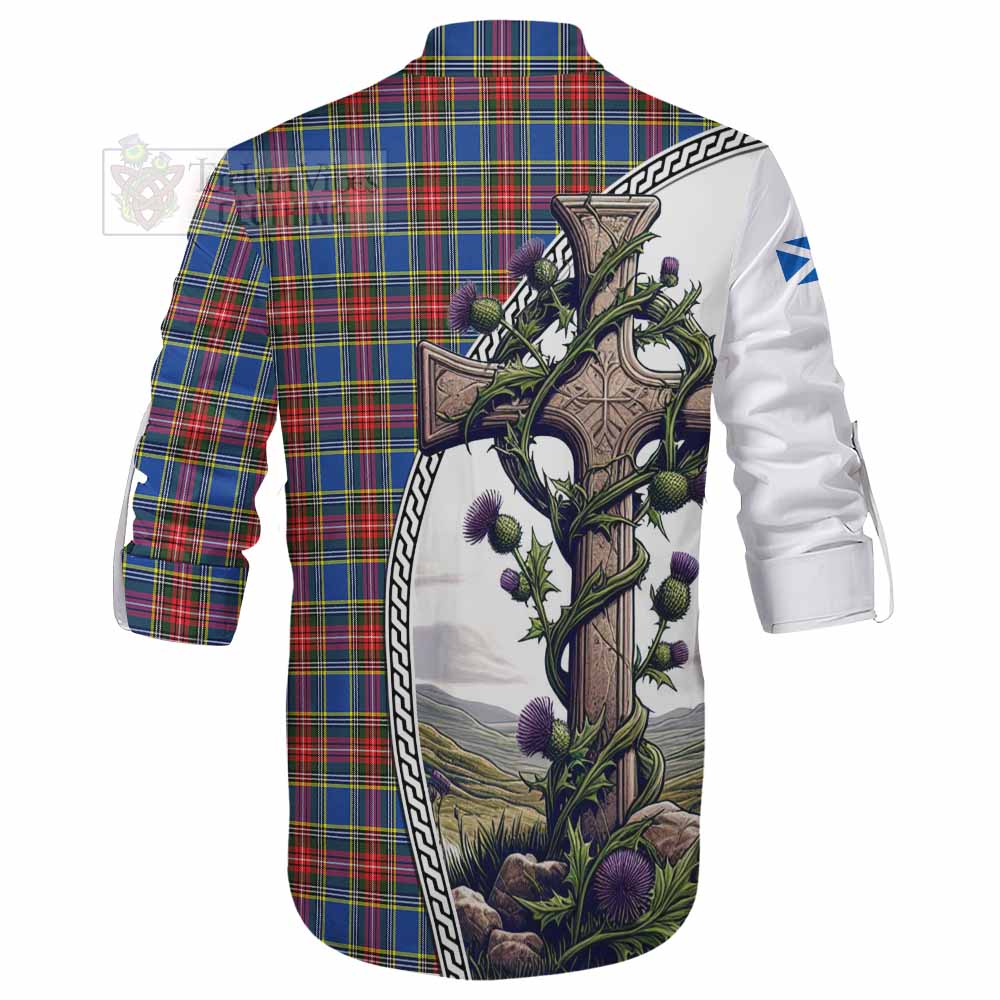 Tartan Vibes Clothing MacBeth (McBeth) Tartan Ghillie Kilt Shirt with Family Crest and St. Andrew's Cross Accented by Thistle Vines