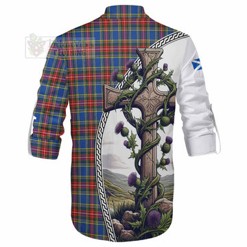 MacBeth (McBeth) Tartan Ghillie Kilt Shirt with Family Crest and St. Andrew's Cross Accented by Thistle Vines