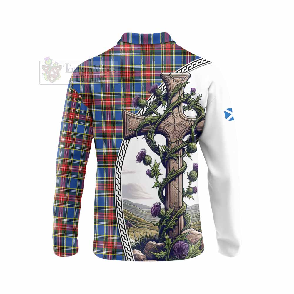 Tartan Vibes Clothing MacBeth (McBeth) Tartan Long Sleeve Polo Shirt with Family Crest and St. Andrew's Cross Accented by Thistle Vines