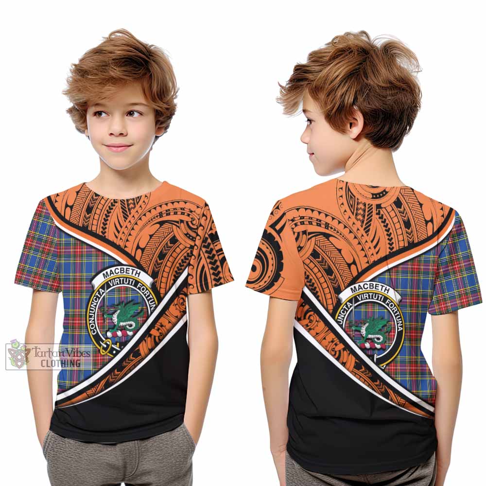 Tartan Vibes Clothing MacBeth (McBeth) Crest Tartan Kid T-Shirt with Maori Tattoo Style - Orange Version