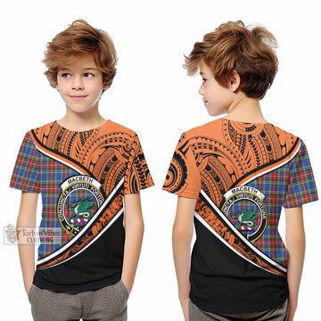 MacBeth (McBeth) Crest Tartan Kid T-Shirt with Polynesian Vibes Style - Orange Version