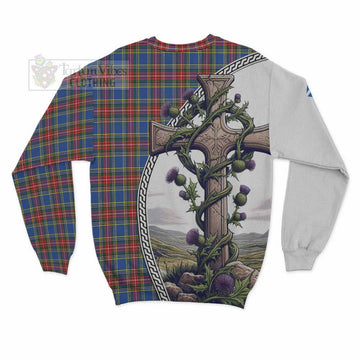 MacBeth (McBeth) Tartan Sweatshirt with Family Crest and St. Andrew's Cross Accented by Thistle Vines