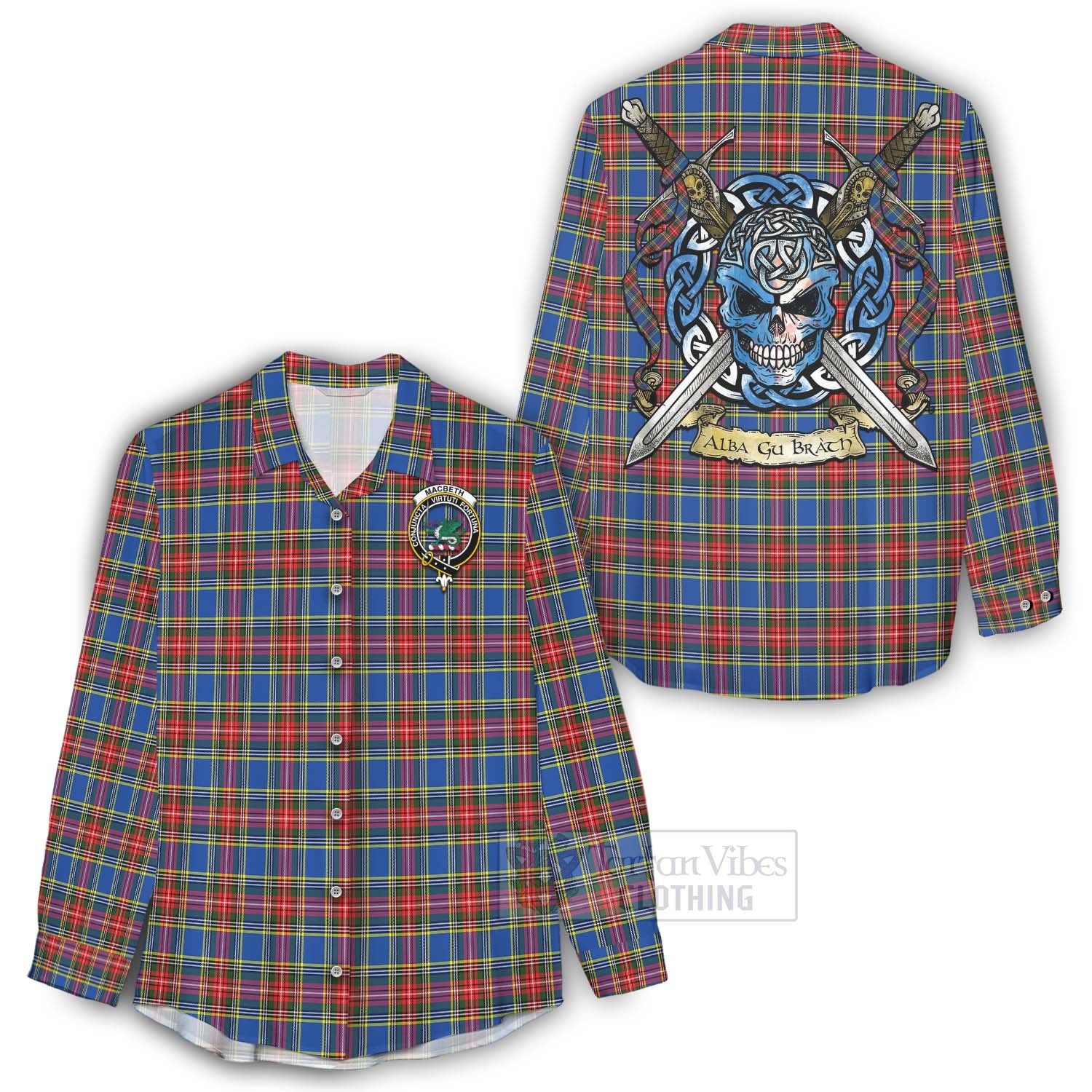 Tartan Vibes Clothing MacBeth (McBeth) Tartan Women's Casual Shirt with Family Crest Celtic Skull Style