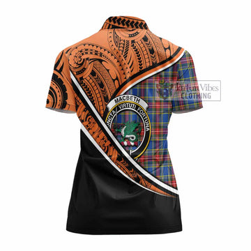 MacBeth (McBeth) Crest Tartan Women's Polo Shirt with Polynesian Vibes Style - Orange Version