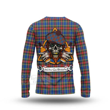 MacBeth (McBeth) Tartan Long Sleeve T-Shirt with Family Crest and Bearded Skull Holding Bottles of Whiskey - Tartan Vibes Clothing