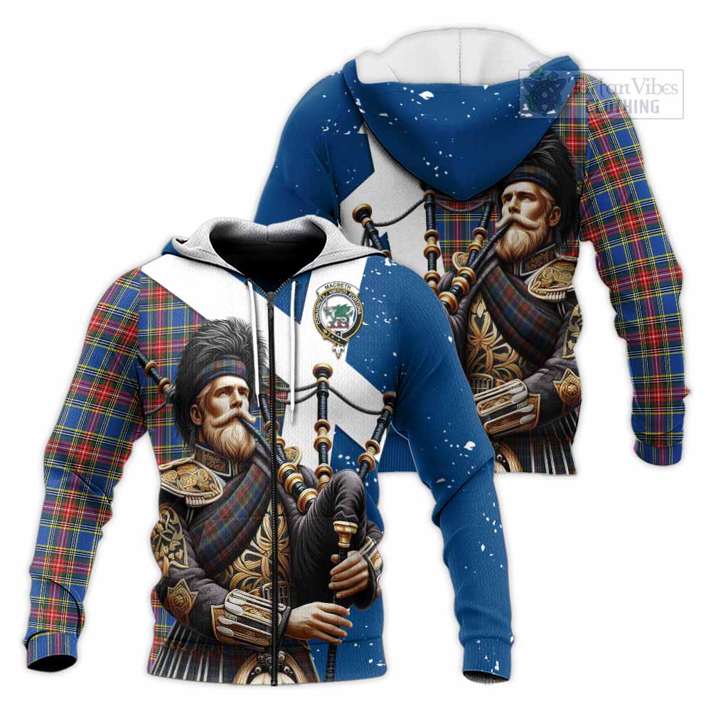 Tartan Vibes Clothing MacBeth (McBeth) Tartan Knitted Hoodie with Family Crest Scottish Bagpiper Vibes