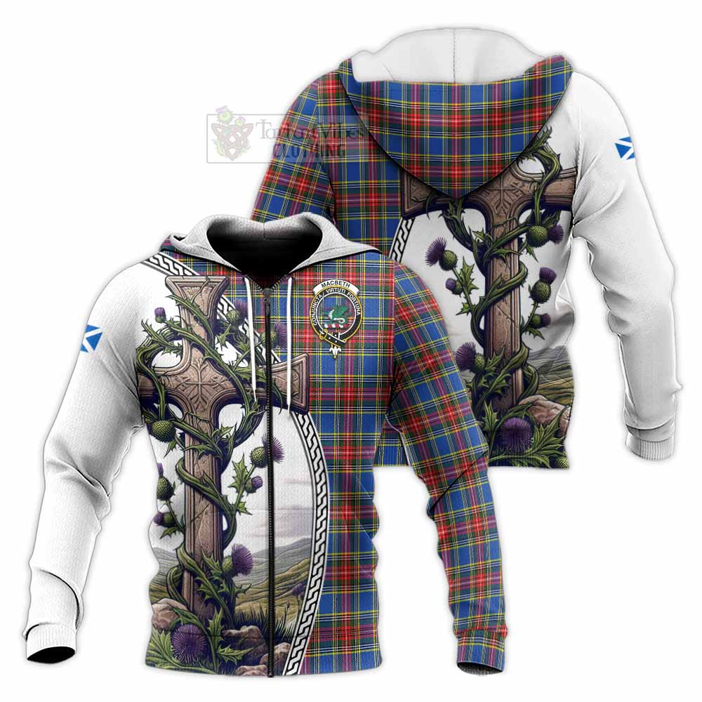 Tartan Vibes Clothing MacBeth (McBeth) Tartan Knitted Hoodie with Family Crest and St. Andrew's Cross Accented by Thistle Vines