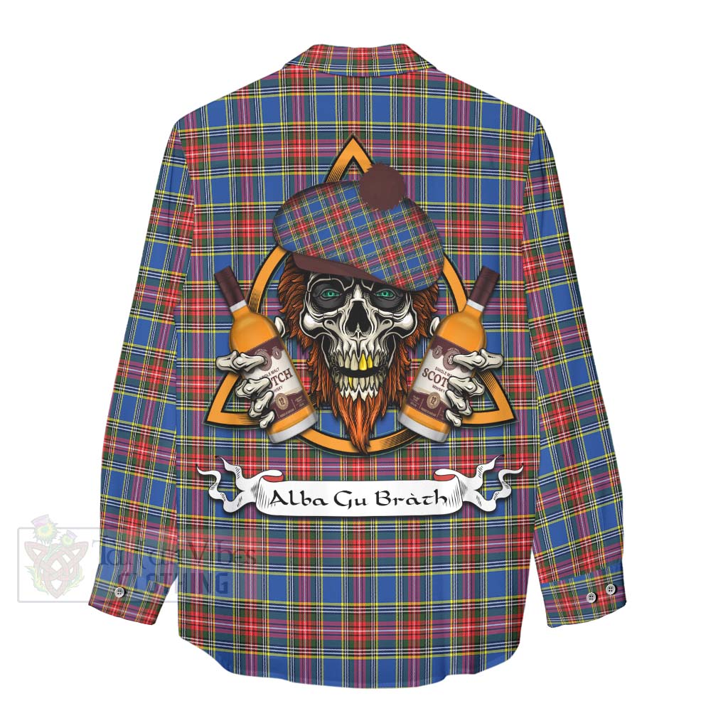 Tartan Vibes Clothing MacBeth (McBeth) Tartan Women's Casual Shirt with Family Crest and Bearded Skull Holding Bottles of Whiskey