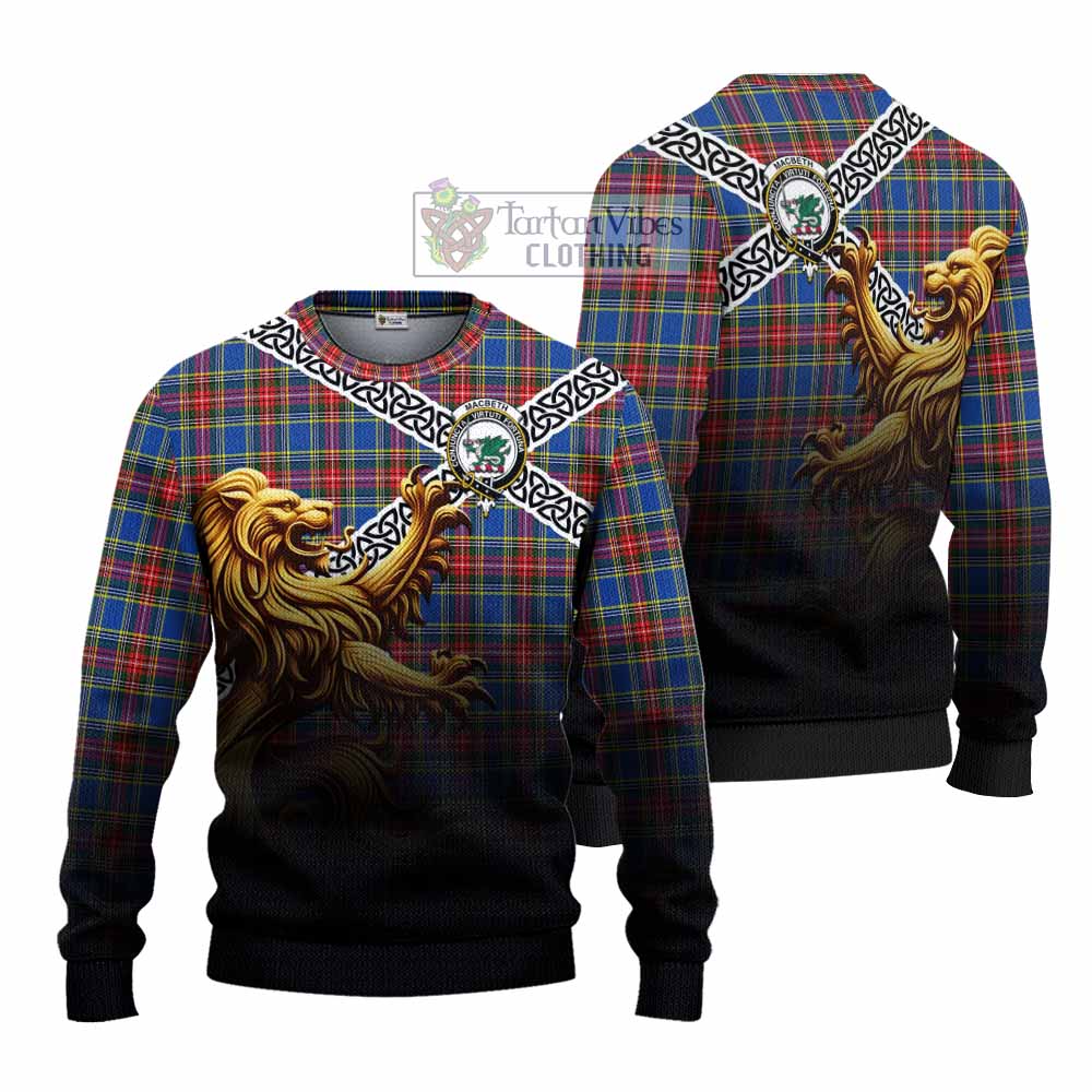 MacBeth (McBeth) Crest Tartan Knitted Sweater with Golden Lion Emblem Celtic Style - Tartan Vibes Clothing