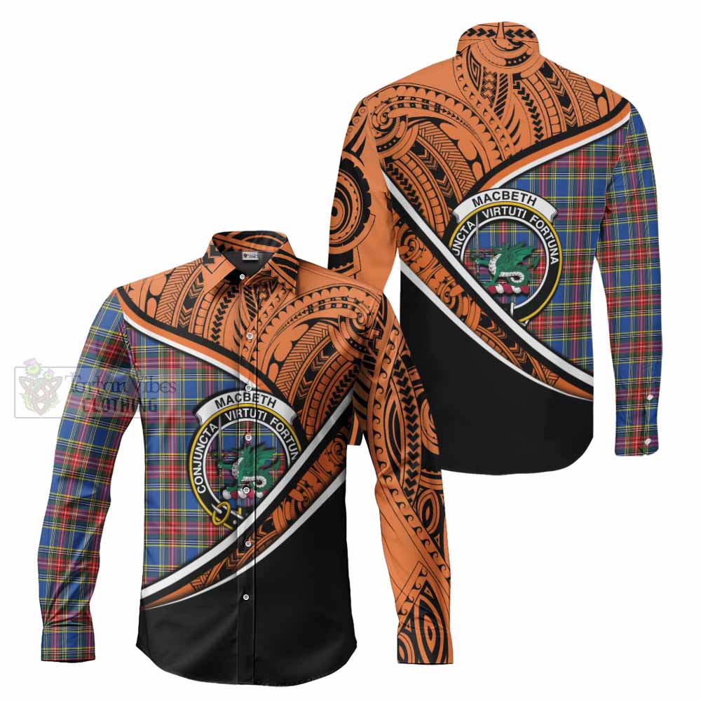 Tartan Vibes Clothing MacBeth (McBeth) Crest Tartan Long Sleeve Button Shirt with Maori Tattoo Style - Orange Version