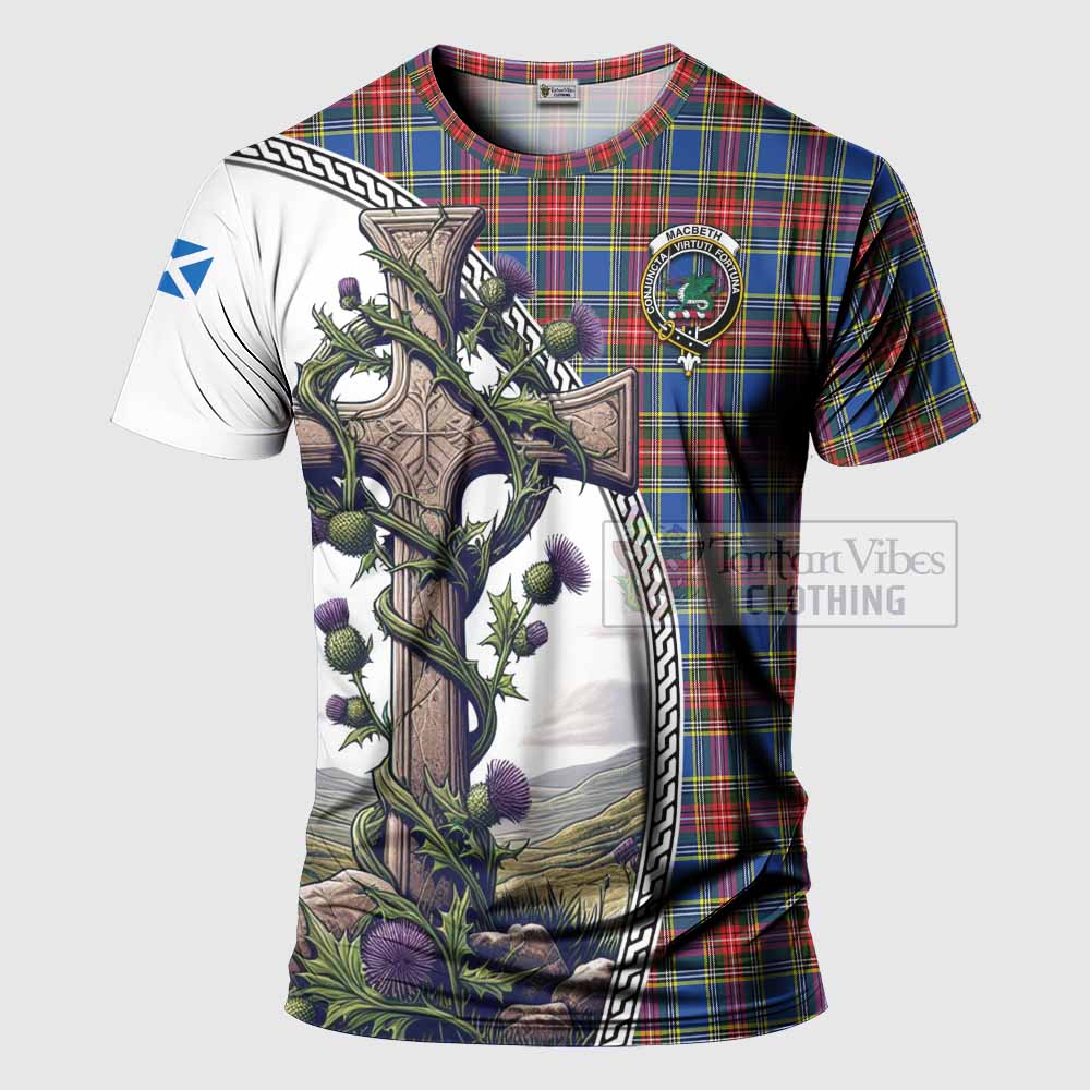 Tartan Vibes Clothing MacBeth (McBeth) Agnew Tartan T-Shirt with Family Crest and St. Andrew's Cross Accented by Thistle Vines