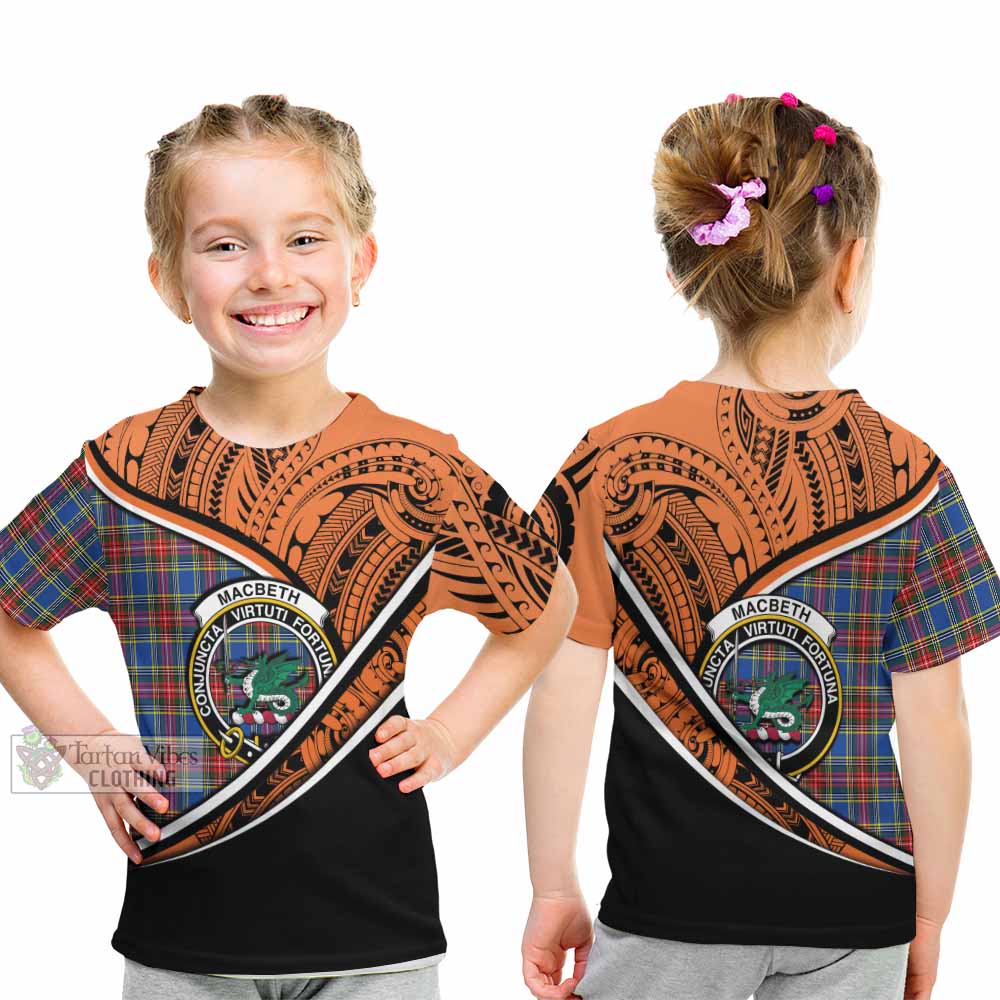 Tartan Vibes Clothing MacBeth (McBeth) Crest Tartan Kid T-Shirt with Maori Tattoo Style - Orange Version