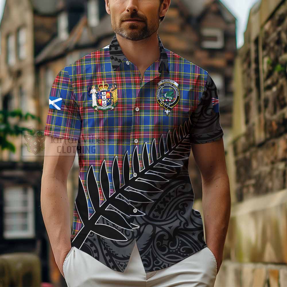 Tartan Vibes Clothing MacBeth (McBeth) Crest Tartan Short Sleeve Button Shirt with New Zealand Silver Fern Half Style