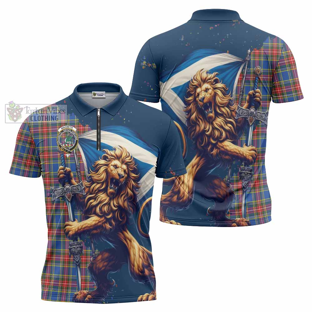 Tartan Vibes Clothing MacBeth (McBeth) Tartan Family Crest Zipper Polo Shirt with Scottish Majestic Lion