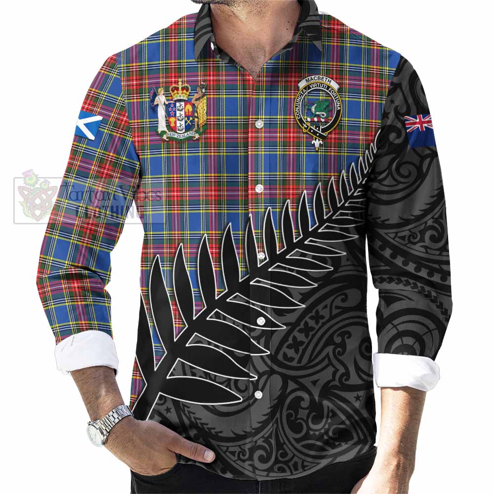 Tartan Vibes Clothing MacBeth (McBeth) Crest Tartan Long Sleeve Button Shirt with New Zealand Silver Fern Half Style