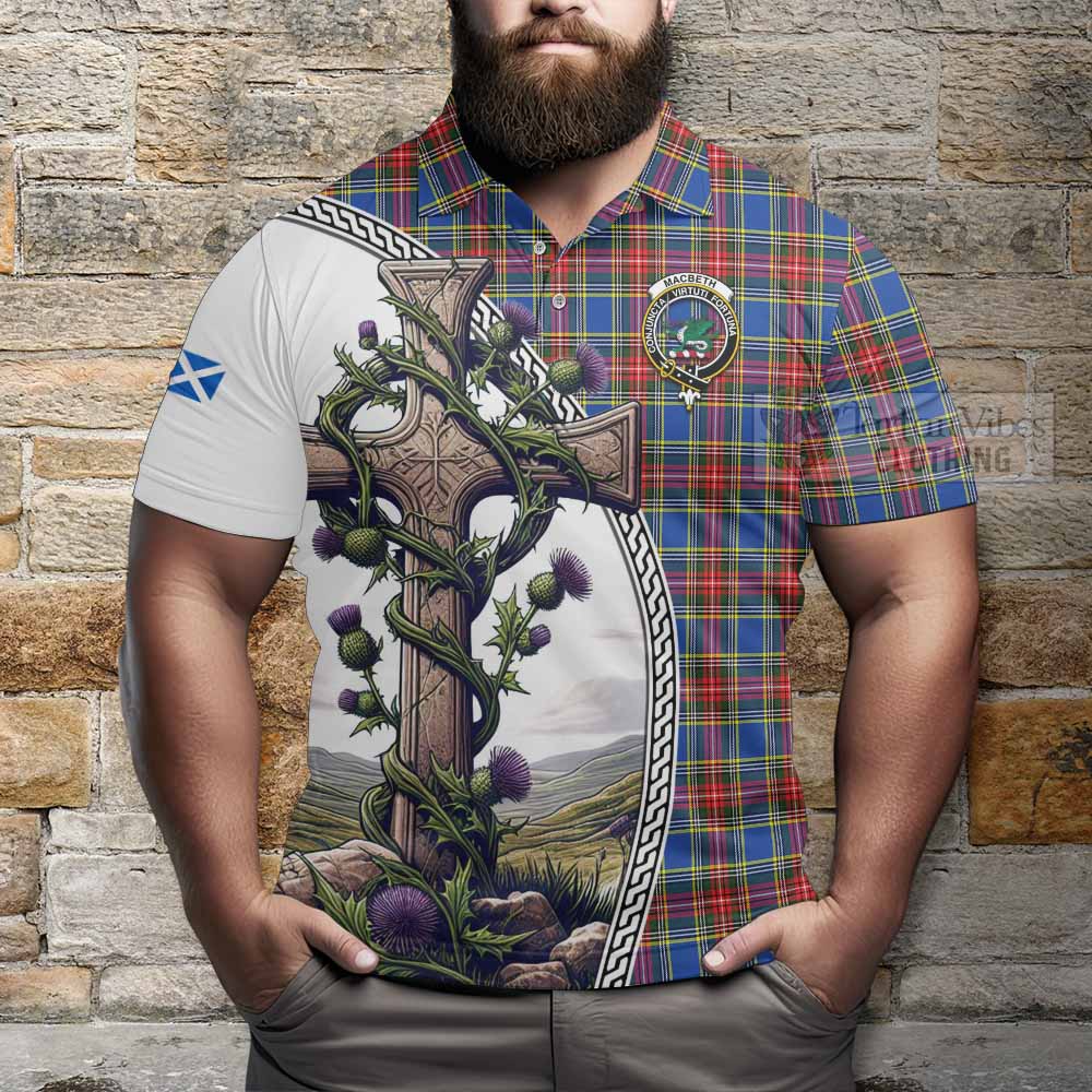 Tartan Vibes Clothing MacBeth (McBeth) Tartan Polo Shirt with Family Crest and St. Andrew's Cross Accented by Thistle Vines