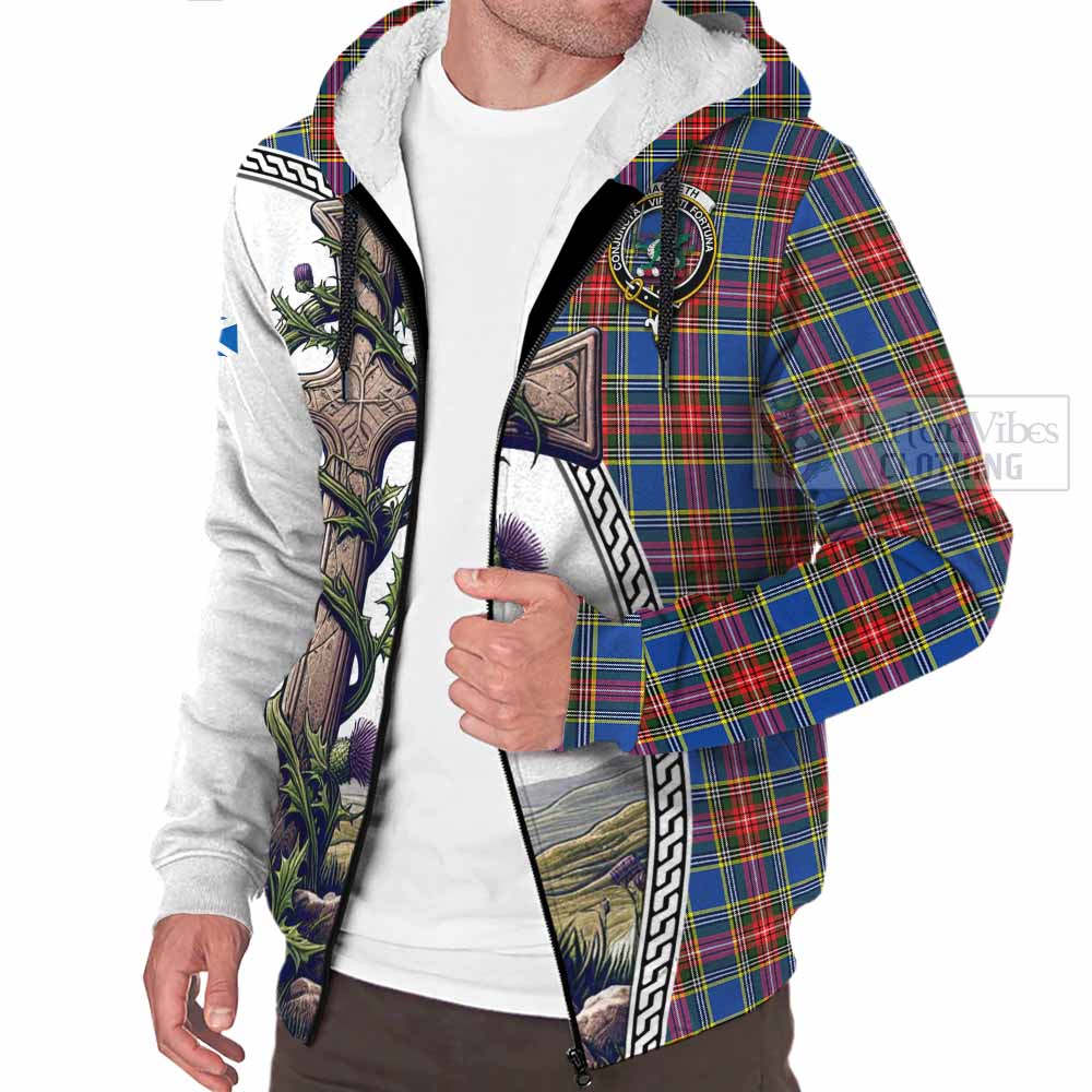 Tartan Vibes Clothing MacBeth (McBeth) Tartan Sherpa Hoodie with Family Crest and St. Andrew's Cross Accented by Thistle Vines