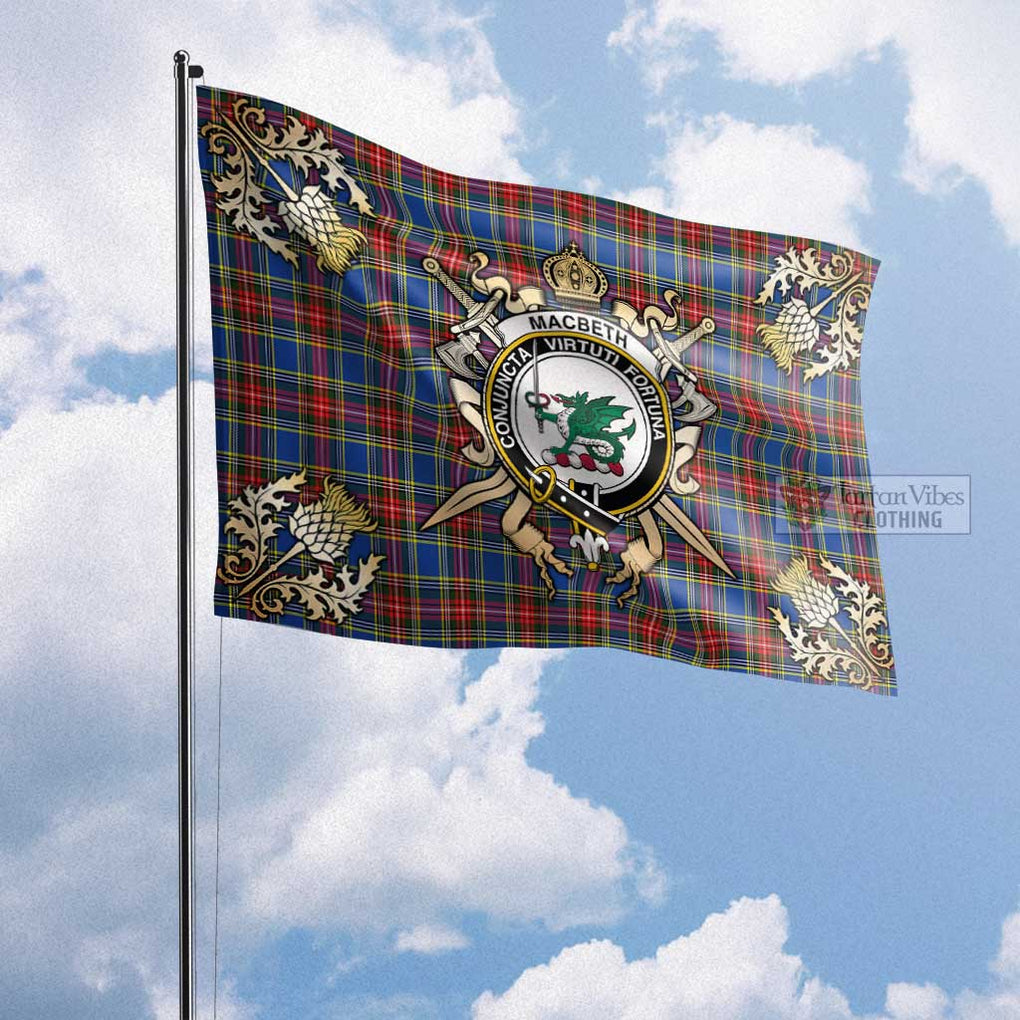 Tartan Vibes Clothing MacBeth (McBeth) Tartan Flag with Family Crest and Golden Thistle Crossed Sword Design