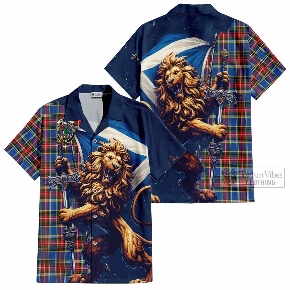 Tartan Vibes Clothing MacBeth (McBeth) Tartan Family Crest Short Sleeve Button Shirt with Scottish Majestic Lion