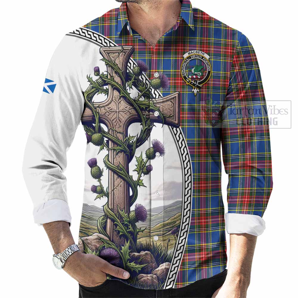 Tartan Vibes Clothing MacBeth (McBeth) Tartan Long Sleeve Button Shirt with Family Crest and St. Andrew's Cross Accented by Thistle Vines