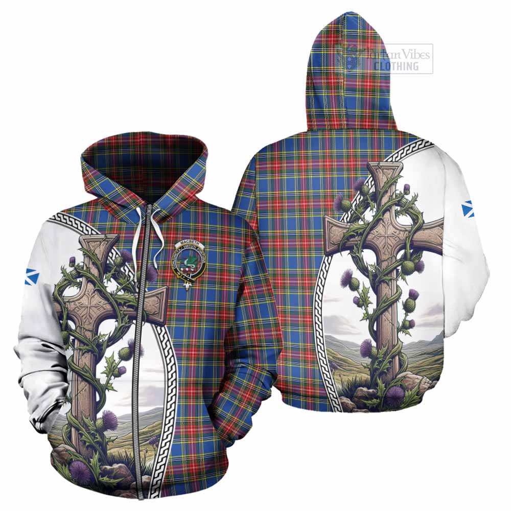 Tartan Vibes Clothing MacBeth (McBeth) Tartan Hoodie with Family Crest and St. Andrew's Cross Accented by Thistle Vines