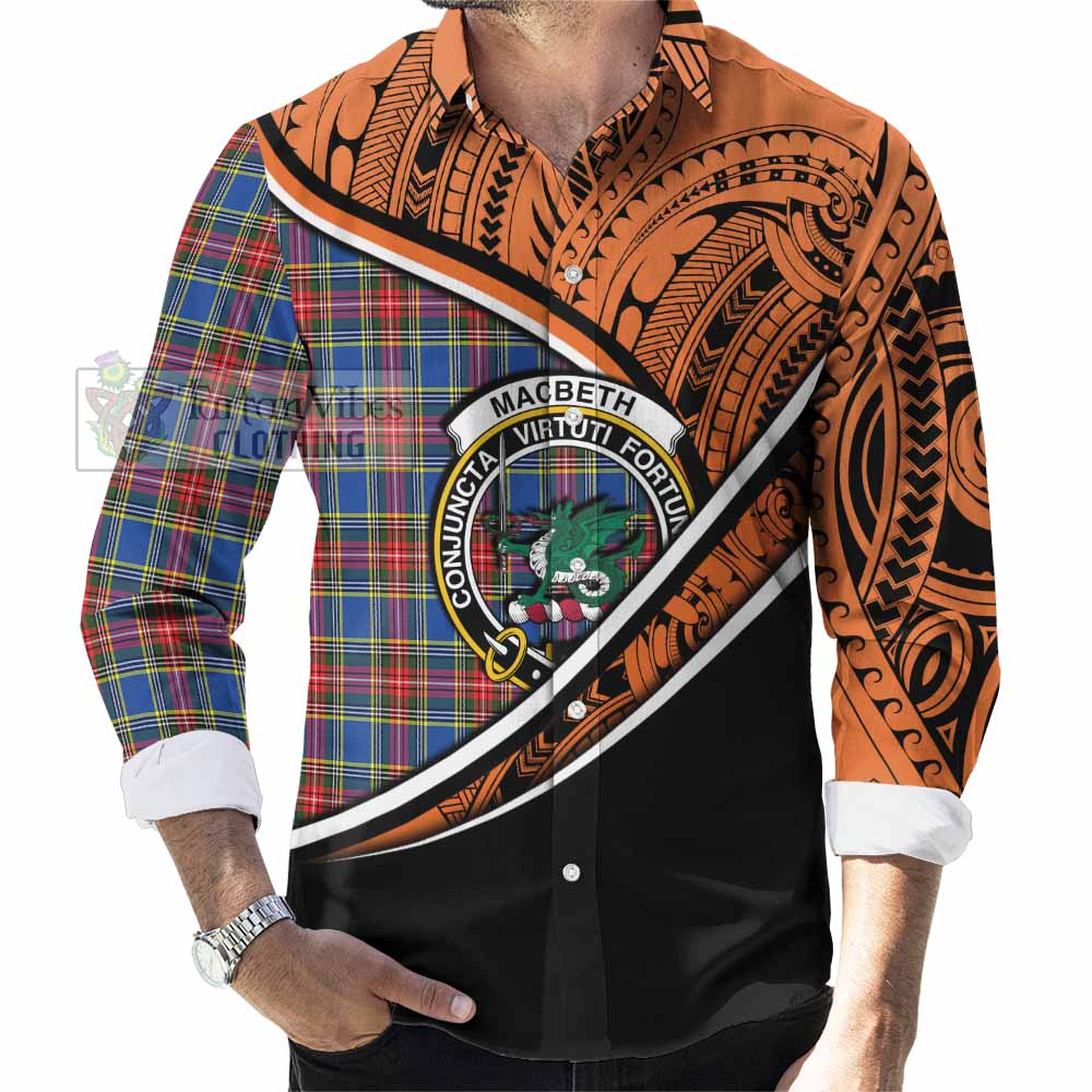 Tartan Vibes Clothing MacBeth (McBeth) Crest Tartan Long Sleeve Button Shirt with Maori Tattoo Style - Orange Version