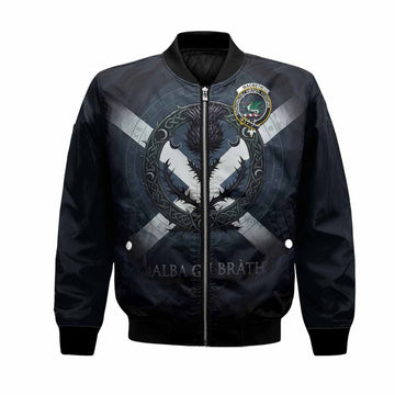 MacBeth (McBeth) Clan Crest Bomber Jacket with Celtic Knot Thistle and Saltire Unisex Black - Tartan Vibes Clothing