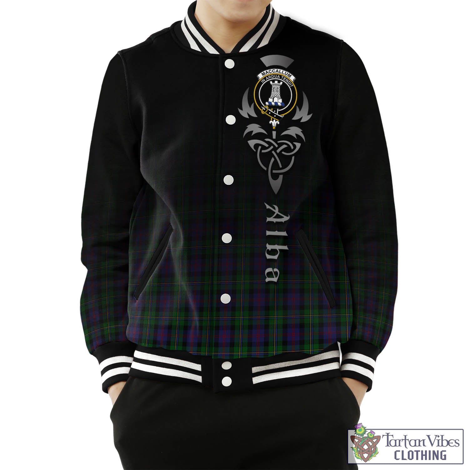 Tartan Vibes Clothing MacCallum Tartan Baseball Jacket Featuring Alba Gu Brath Family Crest Celtic Inspired