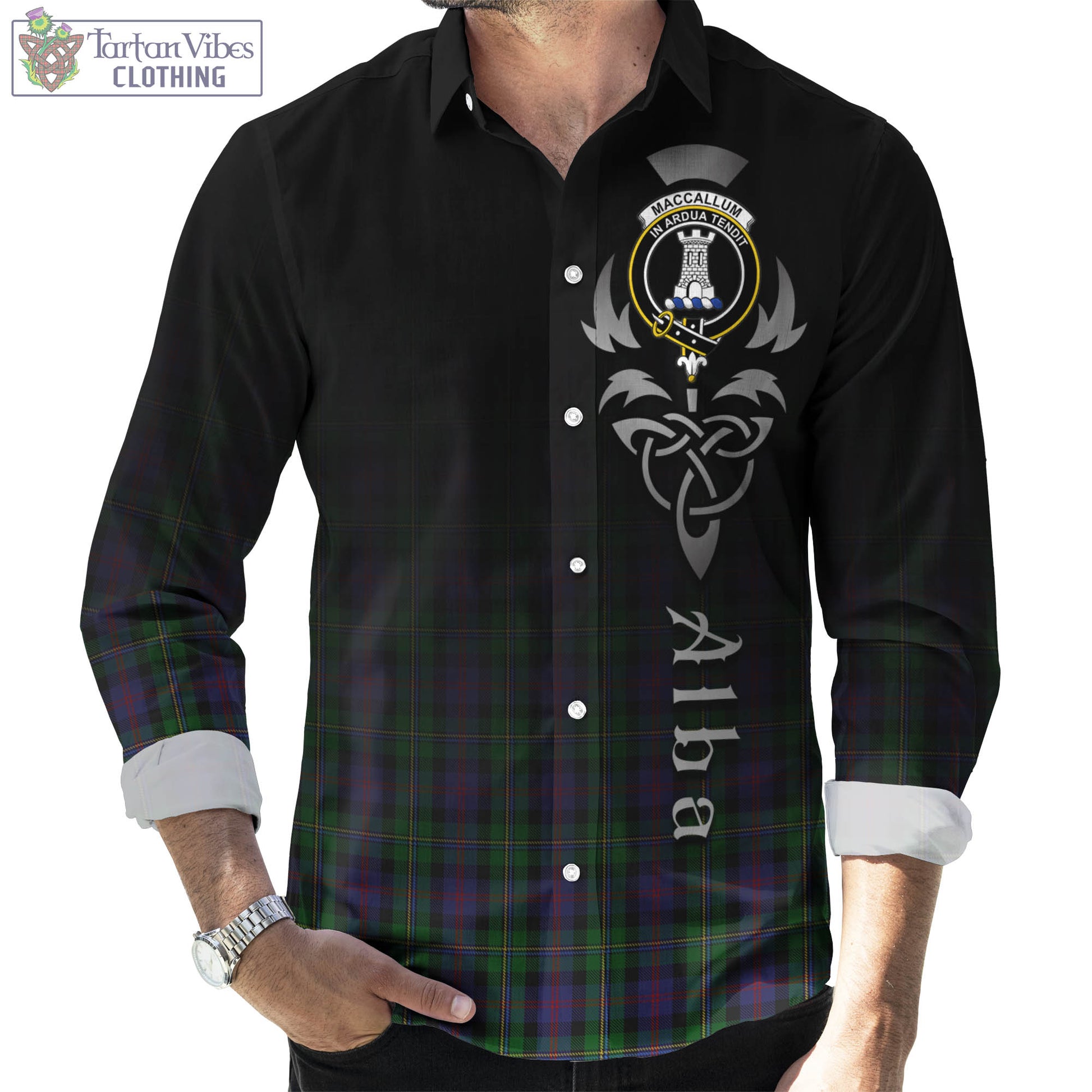 Tartan Vibes Clothing MacCallum Tartan Long Sleeve Button Up Featuring Alba Gu Brath Family Crest Celtic Inspired