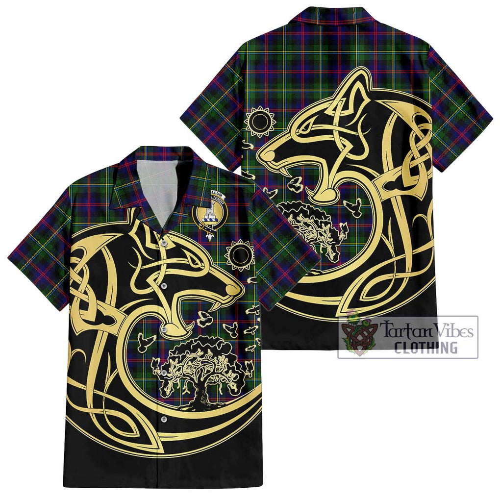 Tartan Vibes Clothing MacCallum #2 Tartan Short Sleeve Button Shirt with Family Crest Celtic Wolf Style