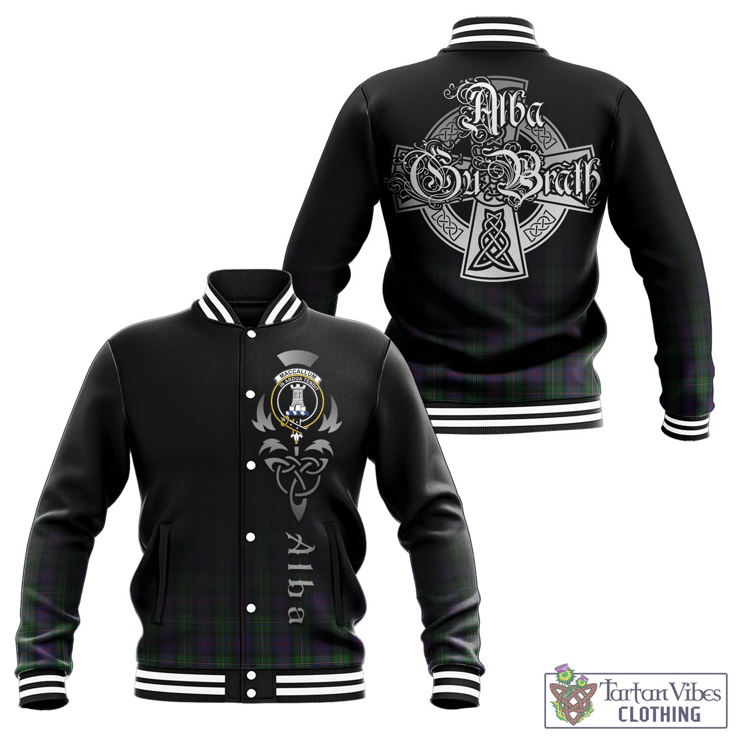 Tartan Vibes Clothing MacCallum Tartan Baseball Jacket Featuring Alba Gu Brath Family Crest Celtic Inspired