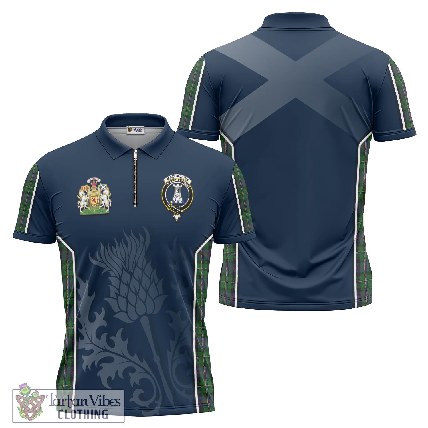 Tartan Vibes Clothing MacCallum Tartan Zipper Polo Shirt with Family Crest and Scottish Thistle Vibes Sport Style