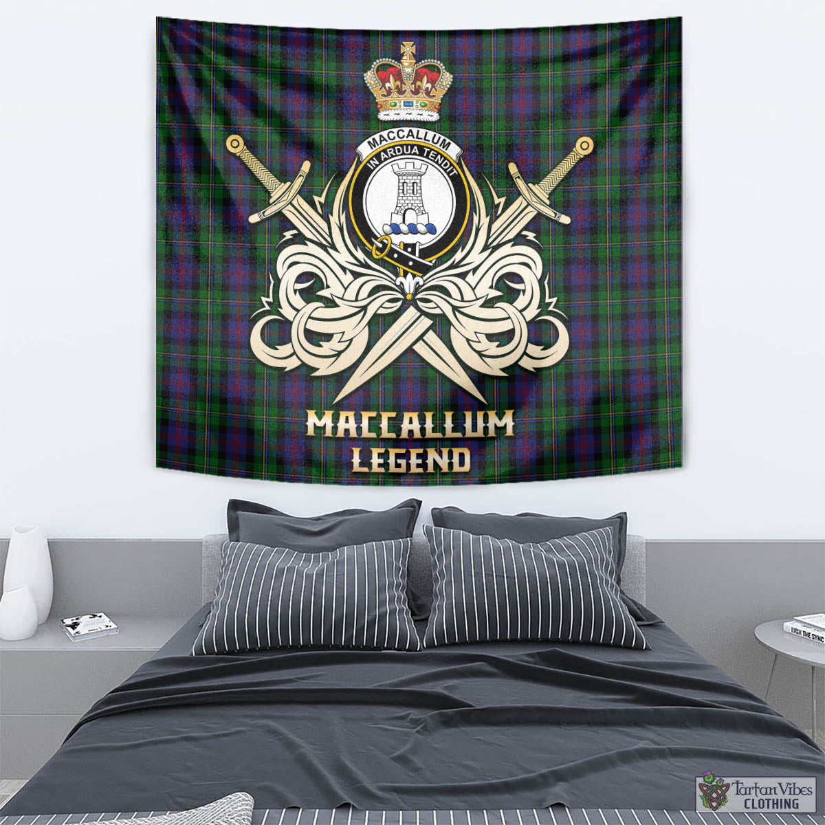 Tartan Vibes Clothing MacCallum Tartan Tapestry with Clan Crest and the Golden Sword of Courageous Legacy