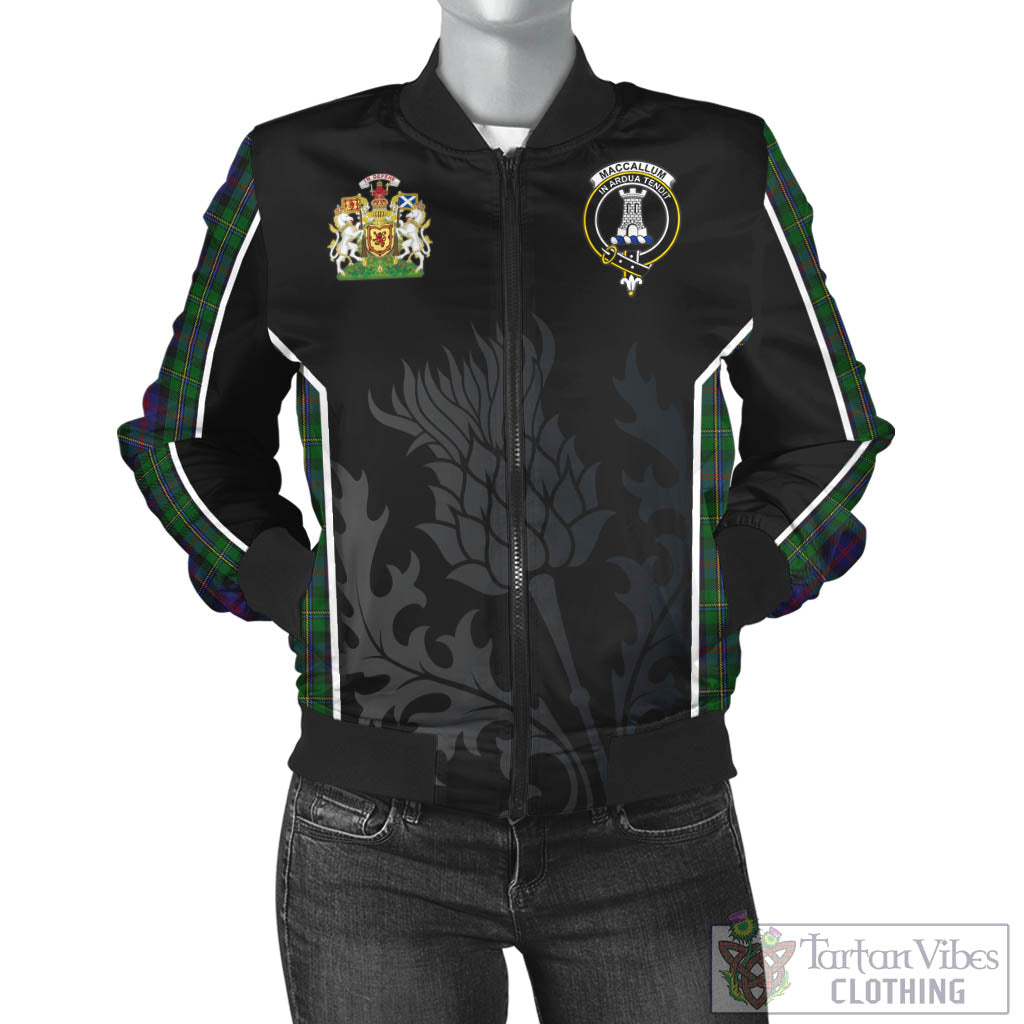 Tartan Vibes Clothing MacCallum Tartan Bomber Jacket with Family Crest and Scottish Thistle Vibes Sport Style