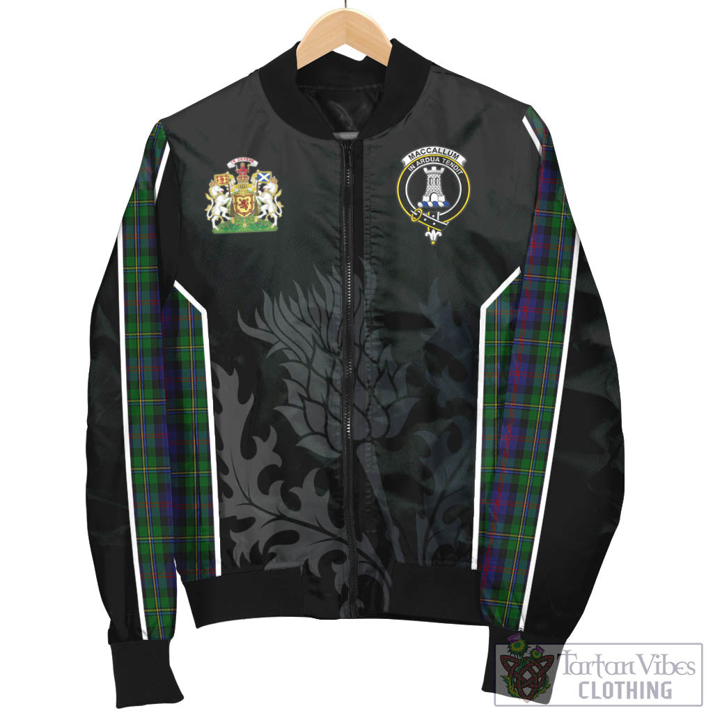 Tartan Vibes Clothing MacCallum Tartan Bomber Jacket with Family Crest and Scottish Thistle Vibes Sport Style