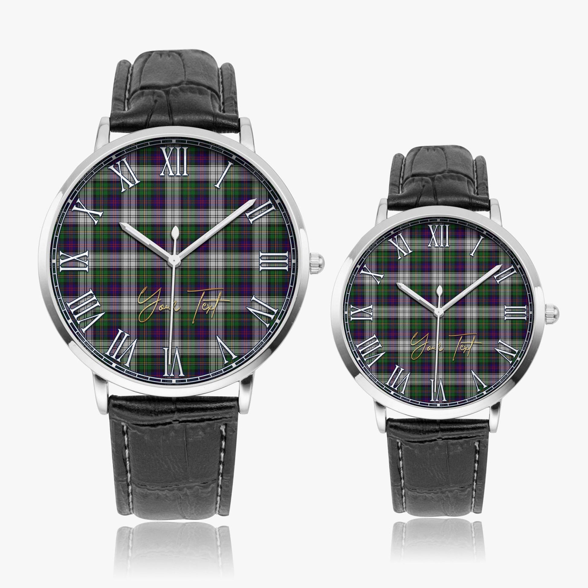 MacCallum Dress Tartan Personalized Your Text Leather Trap Quartz Watch Ultra Thin Silver Case With Black Leather Strap - Tartanvibesclothing