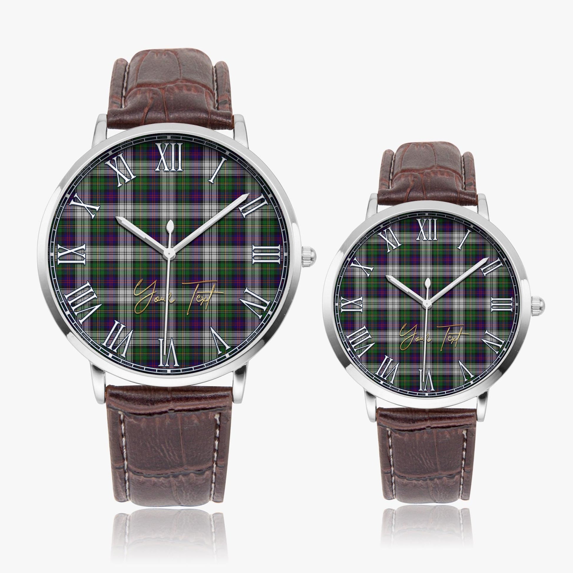 MacCallum Dress Tartan Personalized Your Text Leather Trap Quartz Watch Ultra Thin Silver Case With Brown Leather Strap - Tartanvibesclothing