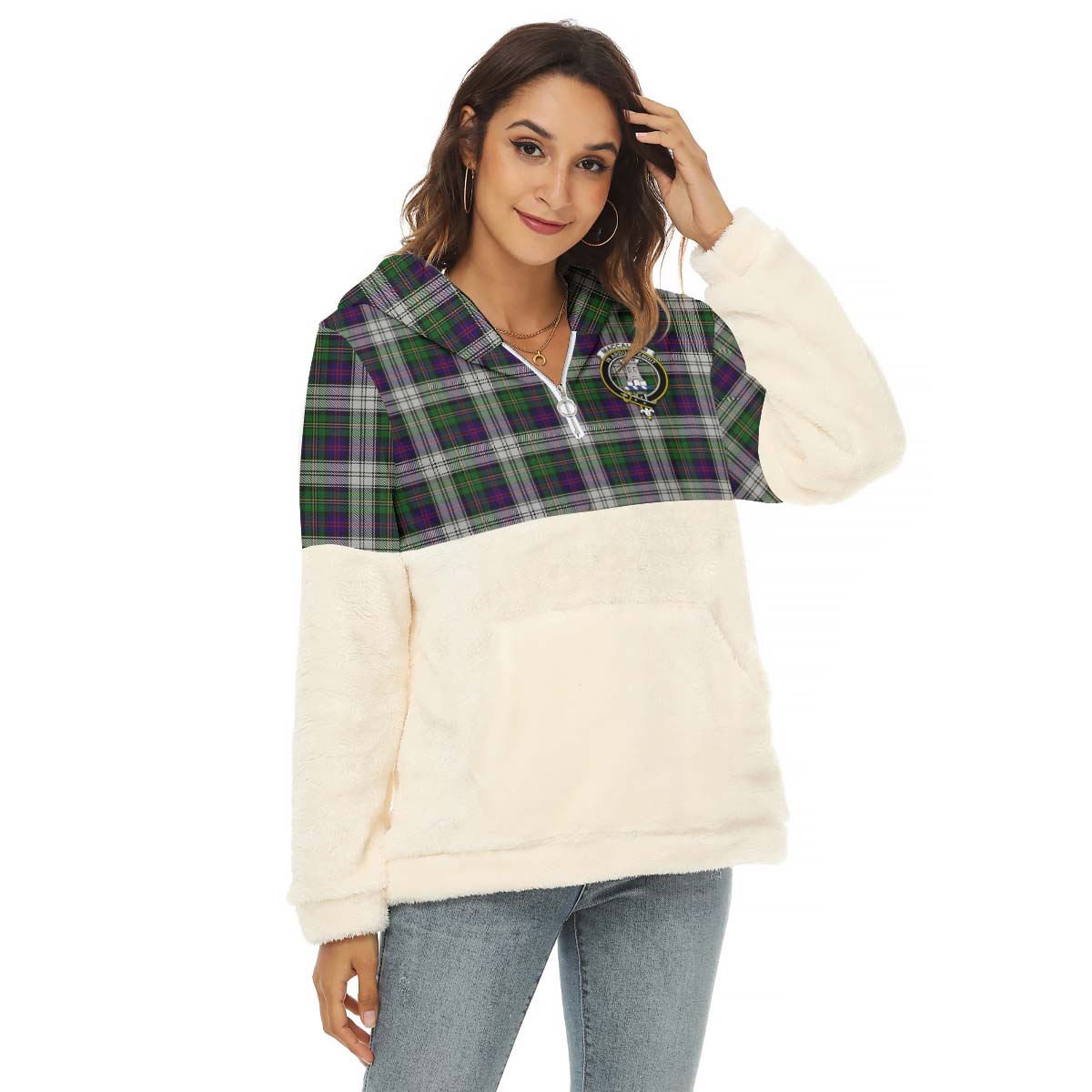 MacCallum Dress Tartan Women's Borg Fleece Hoodie With Half Zip with Family Crest Female - Tartan Vibes Clothing