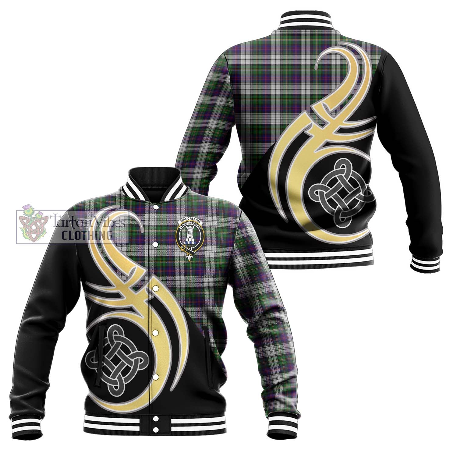 MacCallum Dress Tartan Baseball Jacket with Family Crest and Celtic Symbol Style Unisex - Tartan Vibes Clothing