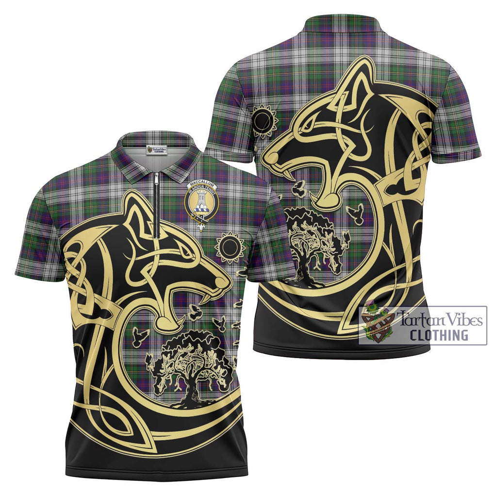 MacCallum Dress Tartan Zipper Polo Shirt with Family Crest Celtic Wolf Style Unisex - Tartanvibesclothing Shop