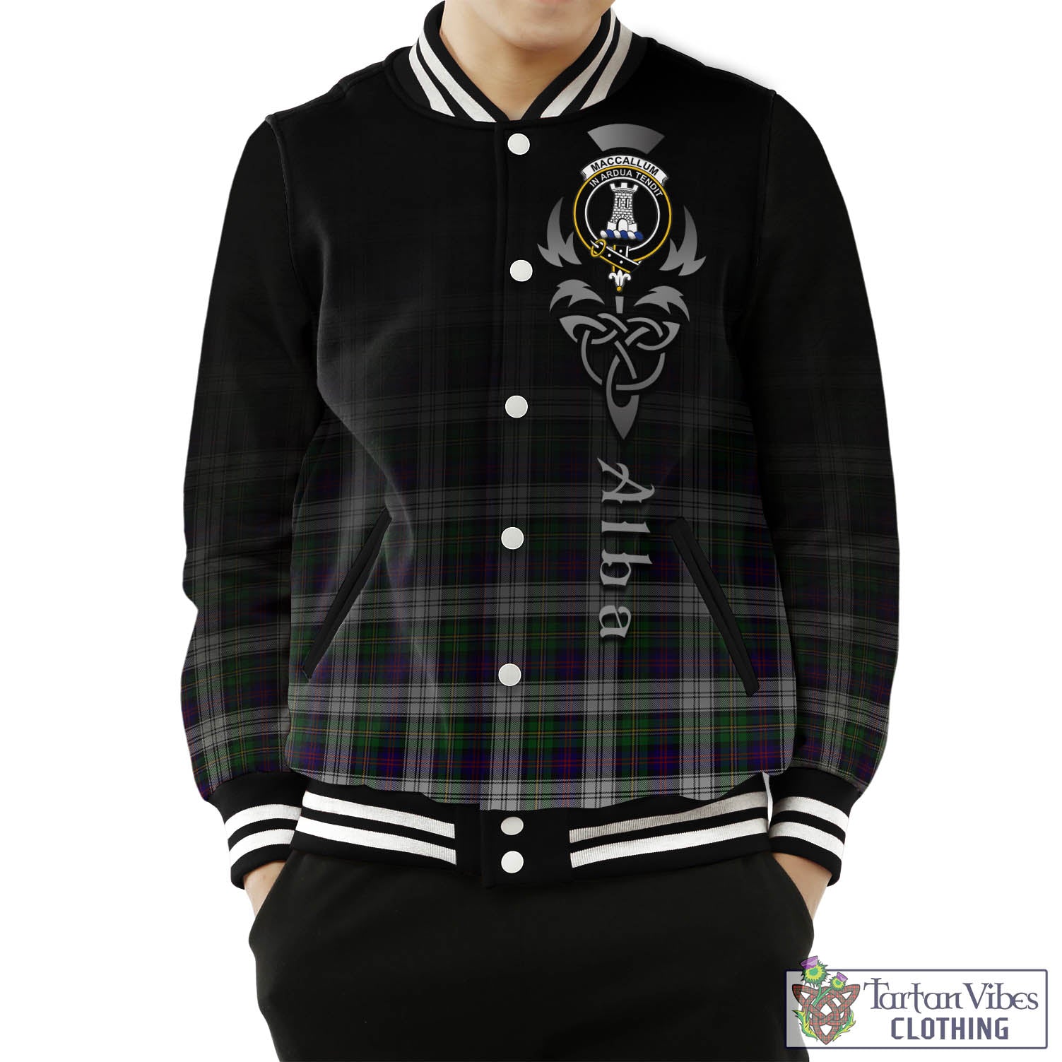 Tartan Vibes Clothing MacCallum Dress Tartan Baseball Jacket Featuring Alba Gu Brath Family Crest Celtic Inspired