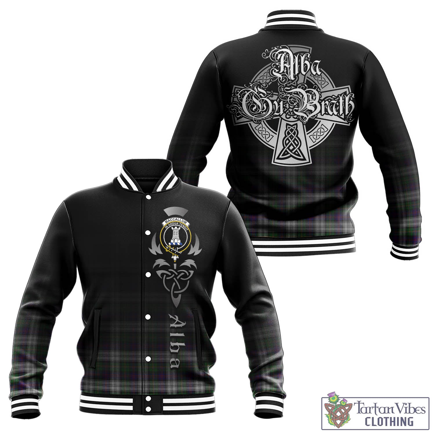 Tartan Vibes Clothing MacCallum Dress Tartan Baseball Jacket Featuring Alba Gu Brath Family Crest Celtic Inspired