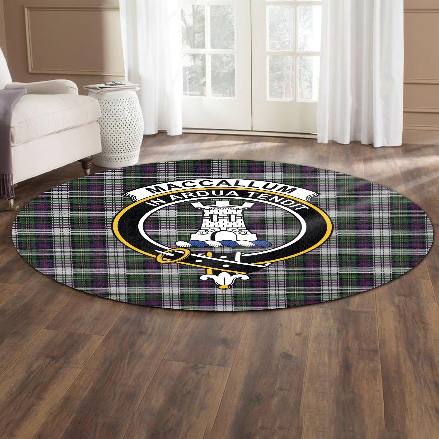 maccallum-dress-tartan-round-rug-with-family-crest