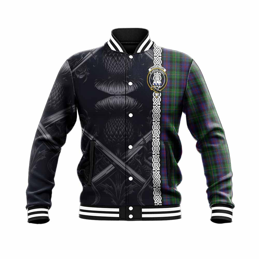 Tartan Vibes Clothing MacCallum (McCallum) Tartan Baseball Jacket with Family Crest Cross Sword Thistle Celtic Vibes