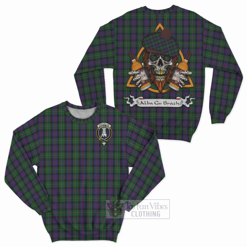 Tartan Vibes Clothing MacCallum (McCallum) Tartan Sweatshirt with Family Crest and Bearded Skull Holding Bottles of Whiskey