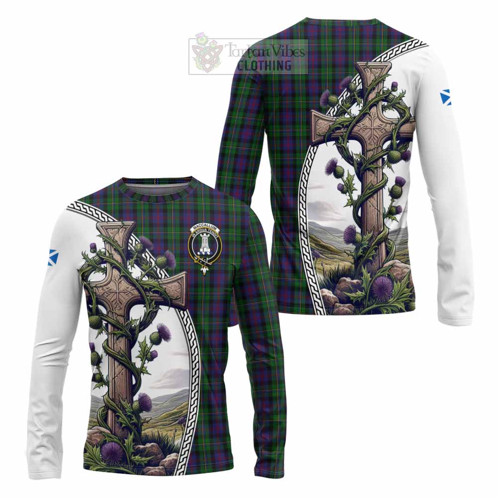 Tartan Vibes Clothing MacCallum (McCallum) Tartan Long Sleeve T-Shirt with Family Crest and St. Andrew's Cross Accented by Thistle Vines