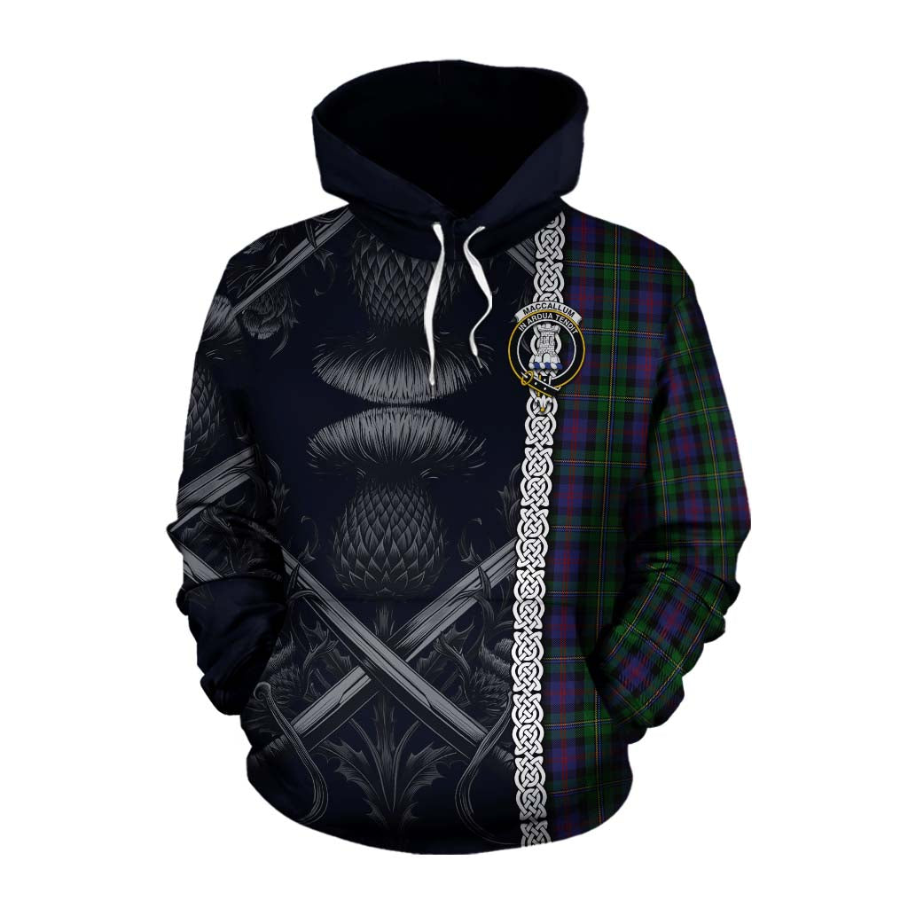 Tartan Vibes Clothing MacCallum (McCallum) Tartan Cotton Hoodie with Family Crest Cross Sword Thistle Celtic Vibes