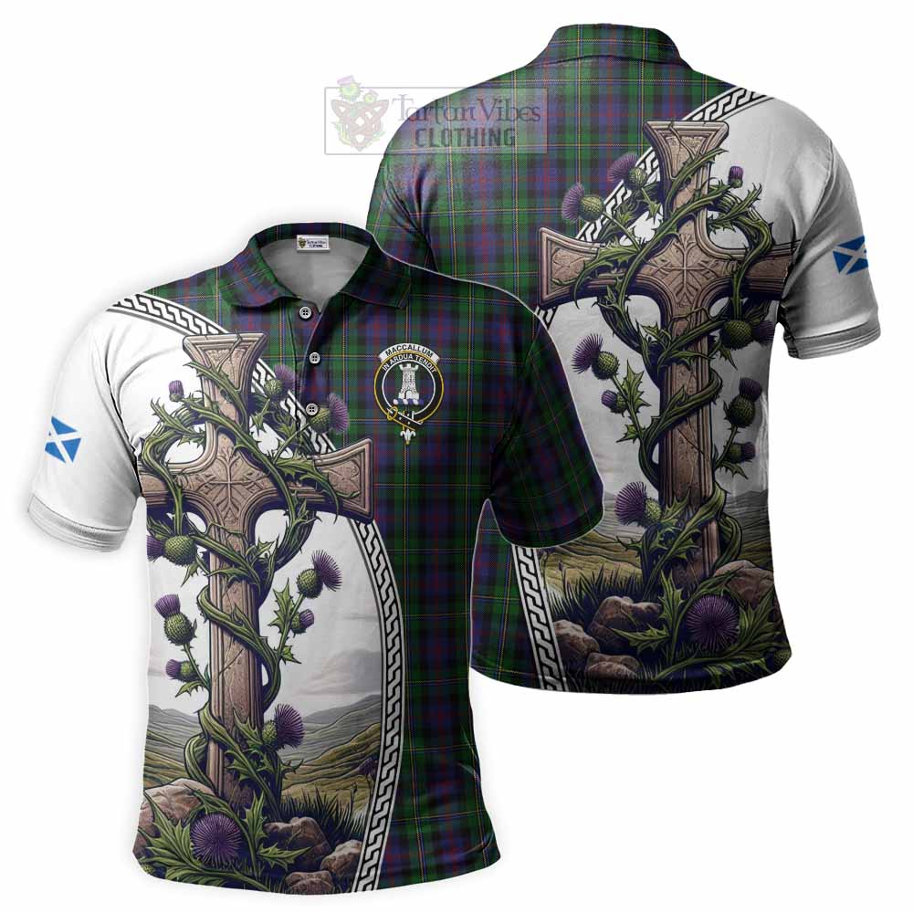 Tartan Vibes Clothing MacCallum (McCallum) Tartan Polo Shirt with Family Crest and St. Andrew's Cross Accented by Thistle Vines